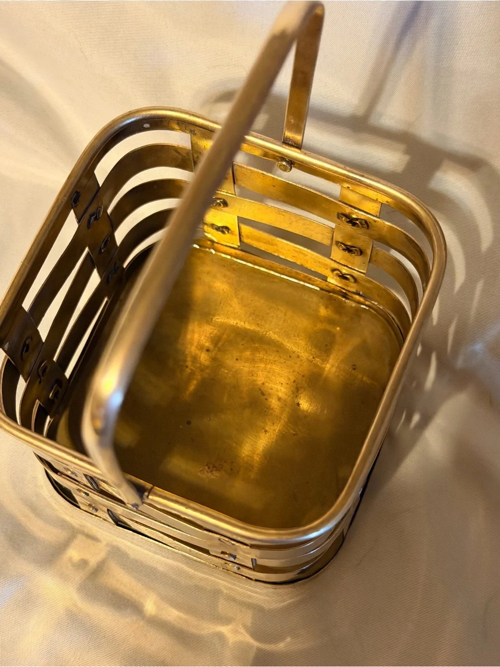 Vintage Woven Brass Basket Caddy Rustic Boho Organizer Made in India Decor